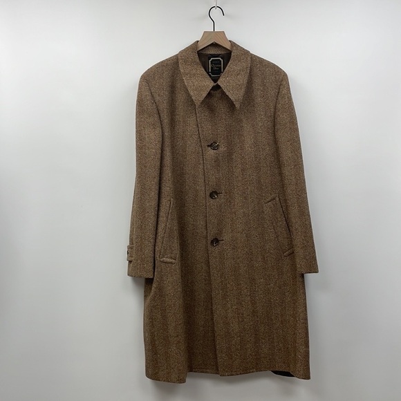Vintage Christian Dior 1970s Herringbone Plaid Tweed Longline Peacoat Tan - Picture 1 of 8